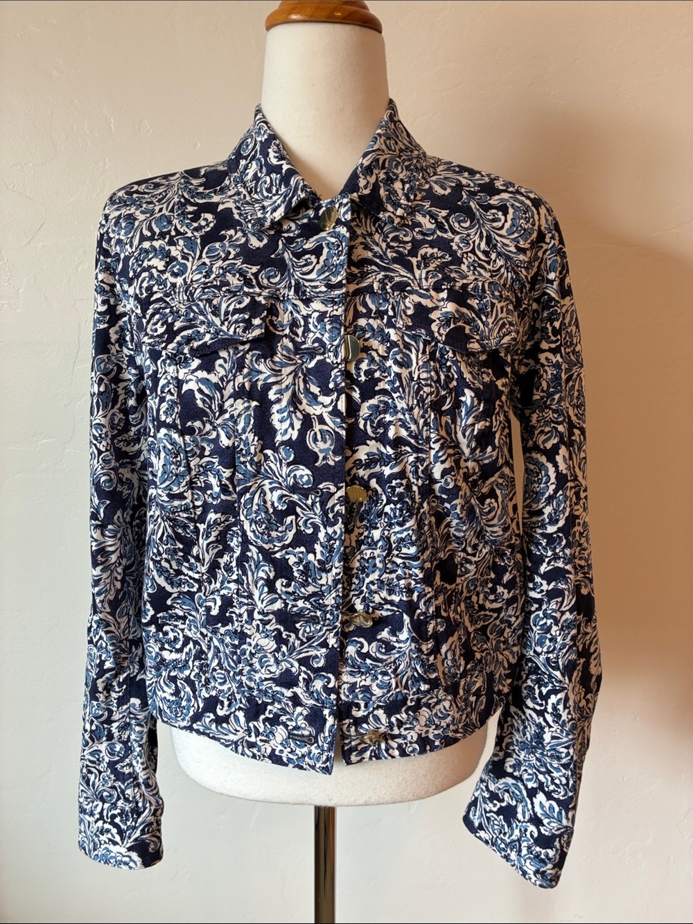 Jones New York Paisley Pattern Cropped Denim Jacket Blue Small